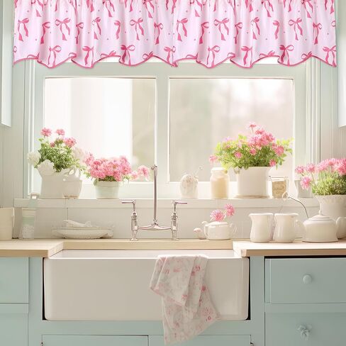 2 Pcs Pink Bow Valance for Window 16" l x 56" W Coquette Preppy Pink Scalloped Curtains for Kitchen Window,Living Room,Bathroom in Saudi Arabia