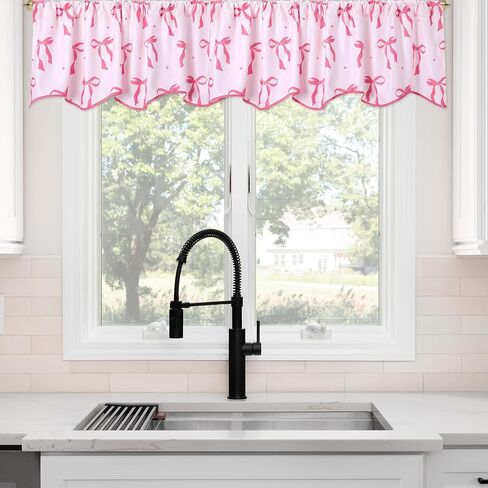 2 Pcs Pink Bow Valance for Window 16" l x 56" W Coquette Preppy Pink Scalloped Curtains for Kitchen Window,Living Room,Bathroom in Saudi Arabia