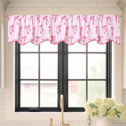 2 Pcs Pink Bow Valance for Window 16" l x 56" W Coquette Preppy Pink Scalloped Curtains for Kitchen Window,Living Room,Bathroom in Saudi Arabia