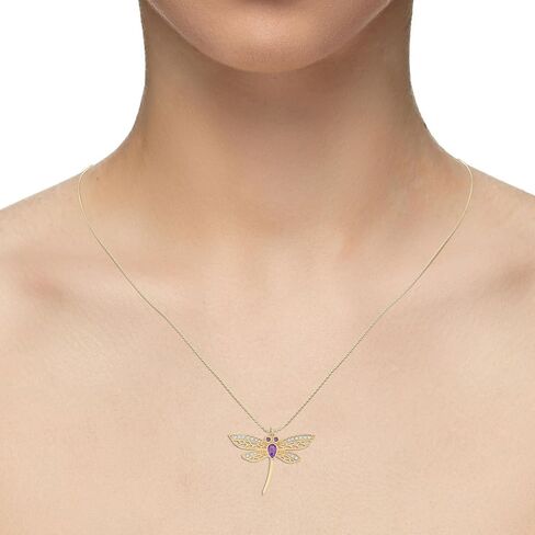 Natural Gemstone with Moissanite Dragonfly Pendant Necklaces for Women in 925 Silver/18K Yellow/Rose Gold Vermeil, Birthstone Jewelry Gifts for Her Birthday, Wedding, Anniversary, Graduation in Saudi Arabia