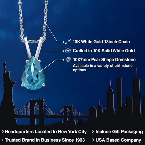 GEM Stone King 10K White Gold Gemstone Gemstone Birthdrop Netlace Pendant Netlace for Women | شكل الكمثرى 10x7mm | قلادة ذهبية للنساء | بسلسلة 18 بوصة in Saudi Arabia