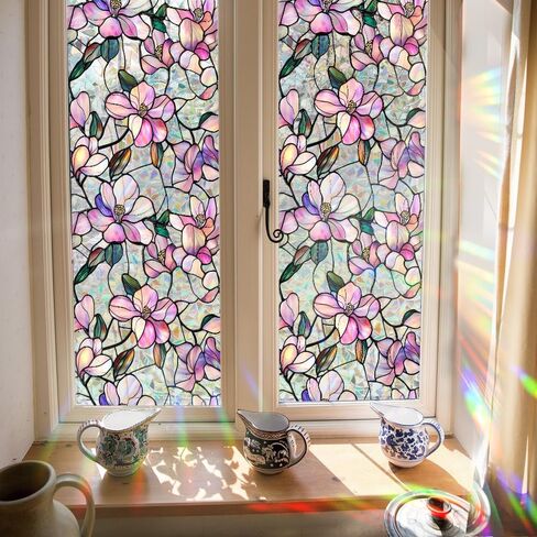 Runtoo Window Privacy Film Rainbow Flowers Window Clings 3D Decorative Vinyl Stained Glass Floral Purple Magnolia Decals Static Sticker Non-Adhesive, 17 x 40 inches in Saudi Arabia
