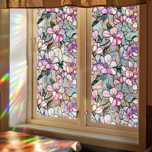 Runtoo Window Privacy Film Rainbow Flowers Window Clings 3D Decorative Vinyl Stained Glass Floral Purple Magnolia Decals Static Sticker Non-Adhesive, 17 x 40 inches in Saudi Arabia