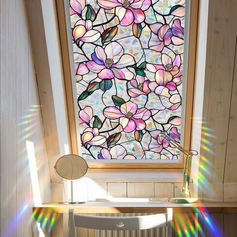 Runtoo Window Privacy Film Rainbow Flowers Window Clings 3D Decorative Vinyl Stained Glass Floral Purple Magnolia Decals Static Sticker Non-Adhesive, 17 x 40 inches in Saudi Arabia
