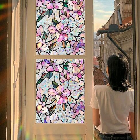Runtoo Window Privacy Film Rainbow Flowers Window Clings 3D Decorative Vinyl Stained Glass Floral Purple Magnolia Decals Static Sticker Non-Adhesive, 17 x 40 inches in Saudi Arabia