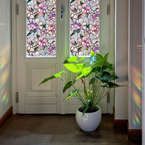 Runtoo Window Privacy Film Rainbow Flowers Window Clings 3D Decorative Vinyl Stained Glass Floral Purple Magnolia Decals Static Sticker Non-Adhesive, 17 x 40 inches in Saudi Arabia