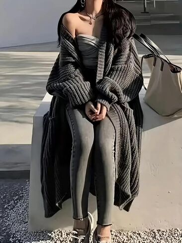 Women's Plus Size Oversized Long Cardigan Sweaters Chunky Knit Open Front Duster Coats with Pockets Winter Outwear in Saudi Arabia