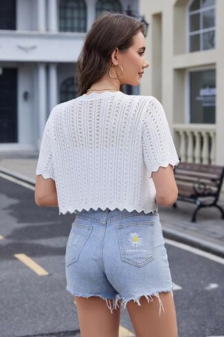 Women's Lightweight Short Sleeve V-Neck Button Down Cardigan Trendy Knit Hollowed-Out Shrugs Sweater in Kuwait