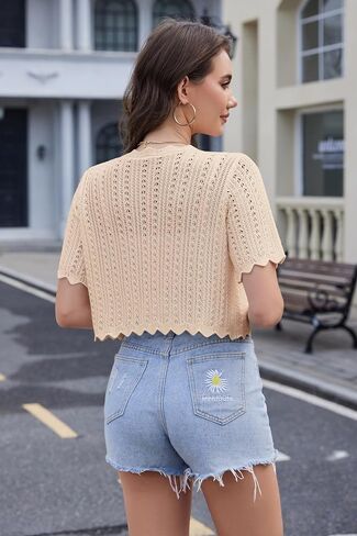 Women's Lightweight Short Sleeve V-Neck Button Down Cardigan Trendy Knit Hollowed-Out Shrugs Sweater in Kuwait