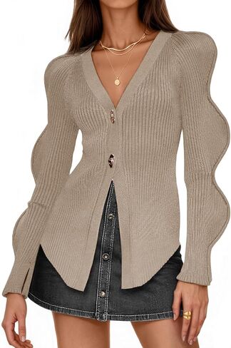 Saodimallsu Womens Button Up Cardigans v الرقبة مضلعة المتماسك السترات الصوفية الطويلة الأكمام in Kuwait