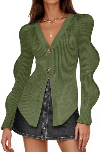 Saodimallsu Womens Button Up Cardigans v الرقبة مضلعة المتماسك السترات الصوفية الطويلة الأكمام in Kuwait