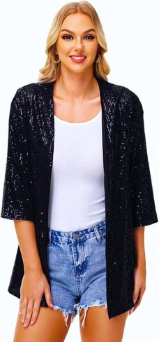 Women's Sequin Cardigan Casual 3/4 Sleeve Shinny Coat Open Front Sparkle Outwear Party Evening Glitter Cardigans in Saudi Arabia