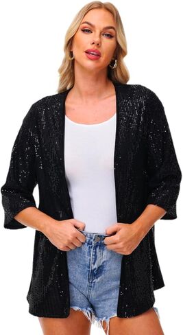 Women's Sequin Cardigan Casual 3/4 Sleeve Shinny Coat Open Front Sparkle Outwear Party Evening Glitter Cardigans in Saudi Arabia
