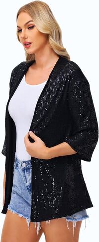 Women's Sequin Cardigan Casual 3/4 Sleeve Shinny Coat Open Front Sparkle Outwear Party Evening Glitter Cardigans in Saudi Arabia