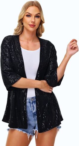 Women's Sequin Cardigan Casual 3/4 Sleeve Shinny Coat Open Front Sparkle Outwear Party Evening Glitter Cardigans in Saudi Arabia