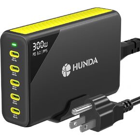 HUNDA 300W USB C شاحن GaN محطة شحن سطح المكتب 5 منافذ PD 100W محول طاقة سريع يدعم PD3.0 /PPS 45W /QC5 لأجهزة MacBook Pro/Air، iPhone 15 Pro، Samsung، HP، Dell إلخ in Kuwait