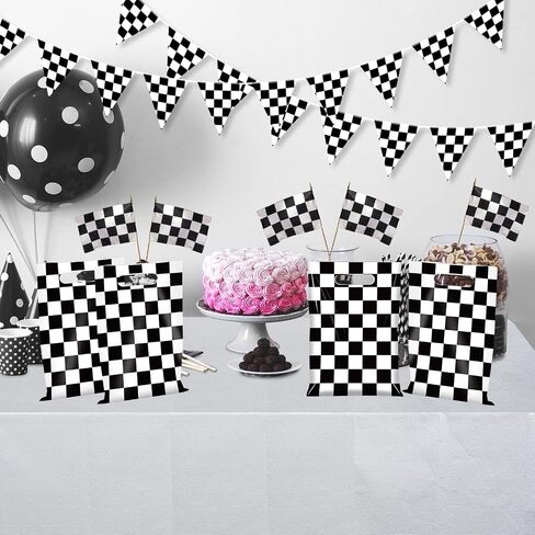 50 Pcs Iridescent Checkered Race Car Party Favor Bags, Plastic Black and Iridescent Car Goodie Treat Bags, Racecar Laser Plaid Candy Gift Bags for Kids Fast Race Car Birthday Party Decorations in Kuwait