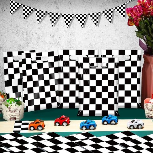 50 Pcs Iridescent Checkered Race Car Party Favor Bags, Plastic Black and Iridescent Car Goodie Treat Bags, Racecar Laser Plaid Candy Gift Bags for Kids Fast Race Car Birthday Party Decorations in Kuwait