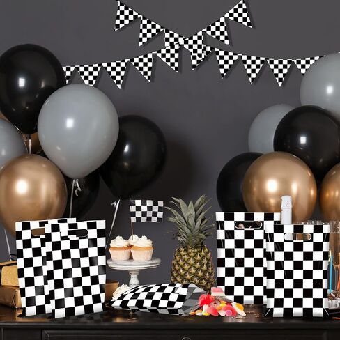 50 Pcs Iridescent Checkered Race Car Party Favor Bags, Plastic Black and Iridescent Car Goodie Treat Bags, Racecar Laser Plaid Candy Gift Bags for Kids Fast Race Car Birthday Party Decorations in Kuwait
