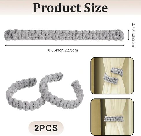 2pcs رمادي مزرعة الستار Tiebacks ، Boho Farmhouse Rustic Holdbacks قابلة للتعديل ، ديكور نافذة داخلية خفيفة الوزن ، رمادي in Kuwait