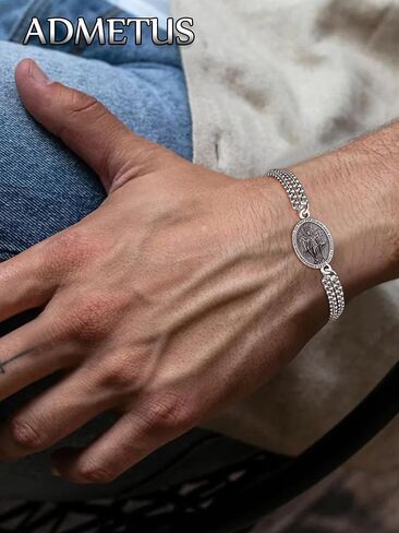 Admetus 925 Sterling Silver Patriclets Saint | مجوهرات حماية التميمة للرجال الذين لديهم سلسلة مزدوجة 7 "+2" رولو in Kuwait
