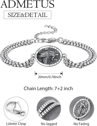 ADMETUS 925 Sterling Silver Patron Saint Bracelets | Amulet Protection Jewelry for Men with Double 7"+2" Rolo Chain in Saudi Arabia