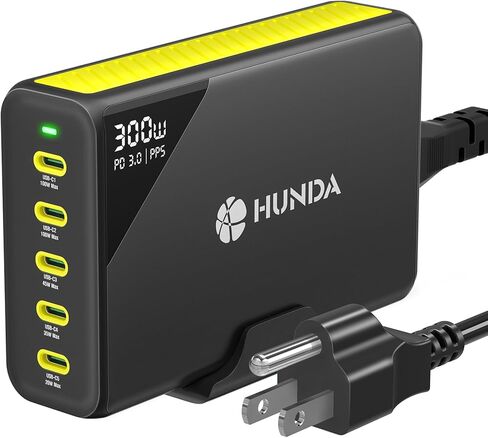 HUNDA 300W USB C شاحن GaN محطة شحن سطح المكتب 5 منافذ PD 100W محول طاقة سريع يدعم PD3.0 /PPS 45W /QC5 لأجهزة MacBook Pro/Air، iPhone 15 Pro، Samsung، HP، Dell إلخ in Kuwait