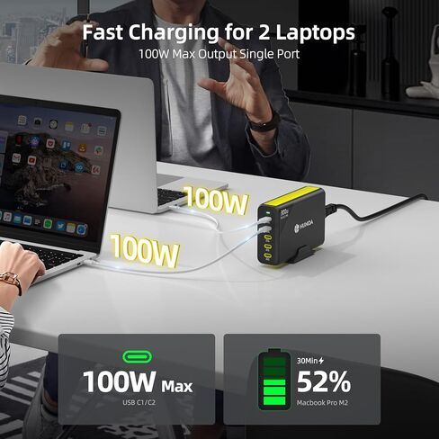 HUNDA 300W USB C شاحن GaN محطة شحن سطح المكتب 5 منافذ PD 100W محول طاقة سريع يدعم PD3.0 /PPS 45W /QC5 لأجهزة MacBook Pro/Air، iPhone 15 Pro، Samsung، HP، Dell إلخ in Kuwait