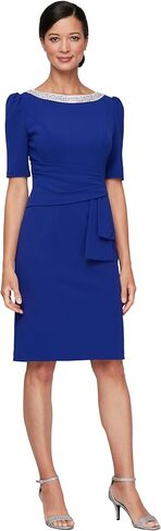 Alex Evenings Women's Short Stretch Crepe Sheath Cocktail Dress with Embellished Neckline and Puff Shoulder Elbow Sleeves in Kuwait