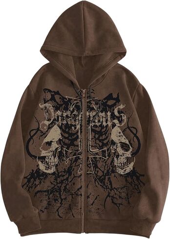 WDIRARA Men's Goth Skull Letter Graphic Drawstring Hoodie Long Sleeve Zip Up Sweatshirt in Saudi Arabia