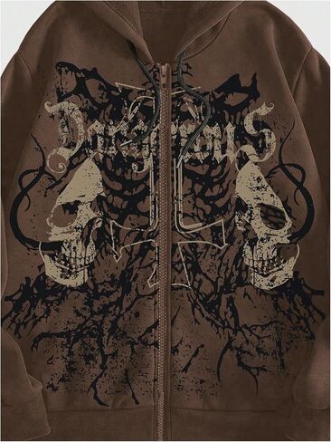 WDIRARA Men's Goth Skull Letter Graphic Drawstring Hoodie Long Sleeve Zip Up Sweatshirt in Saudi Arabia