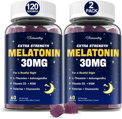 Melatonin Gummies 30mg للبالغين: مكملات الميلاتونين القصوى مع L-theanine ، Ashwagandha ، MSM ، فيتامين D3 والزنك-تشكيل غير حادة ، لدورة الراحة ، zzzs العميقة ، نكهة التوت المختلطة الطبيعية in Kuwait