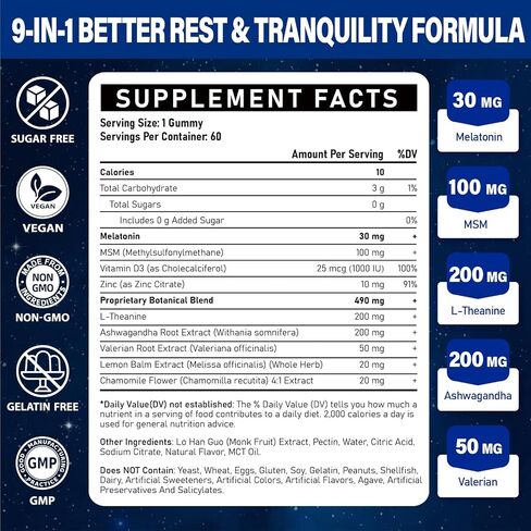 Melatonin Gummies 30mg للبالغين: مكملات الميلاتونين القصوى مع L-theanine ، Ashwagandha ، MSM ، فيتامين D3 والزنك-تشكيل غير حادة ، لدورة الراحة ، zzzs العميقة ، نكهة التوت المختلطة الطبيعية in Kuwait