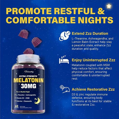 Melatonin Gummies 30mg للبالغين: مكملات الميلاتونين القصوى مع L-theanine ، Ashwagandha ، MSM ، فيتامين D3 والزنك-تشكيل غير حادة ، لدورة الراحة ، zzzs العميقة ، نكهة التوت المختلطة الطبيعية in Kuwait