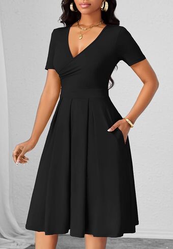 Women's Casual Wrap Dress Wedding Guest Dresses with Pockets Short Sleeve A-Line Swing V-Neck Pleated Dresses in Saudi Arabia