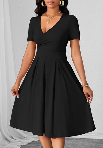 Women's Casual Wrap Dress Wedding Guest Dresses with Pockets Short Sleeve A-Line Swing V-Neck Pleated Dresses in Saudi Arabia