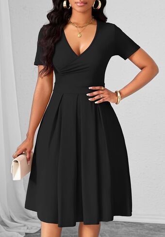 Women's Casual Wrap Dress Wedding Guest Dresses with Pockets Short Sleeve A-Line Swing V-Neck Pleated Dresses in Saudi Arabia