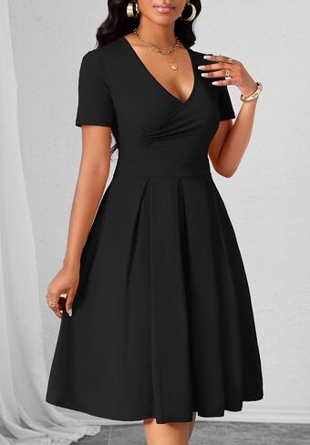 Women's Casual Wrap Dress Wedding Guest Dresses with Pockets Short Sleeve A-Line Swing V-Neck Pleated Dresses in Saudi Arabia