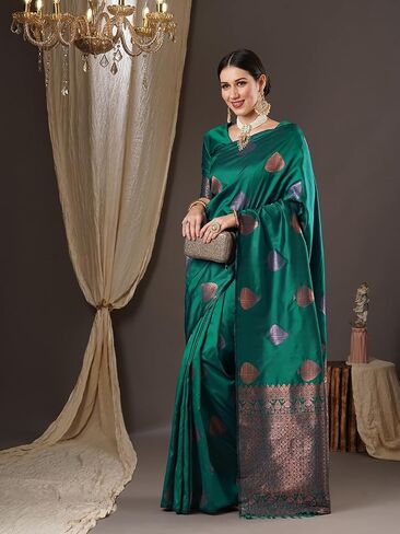 Women's Banarasi Silk Blend Saree With Unstitched Blouse Piece | INDIAN SAREE pack of 1 in Saudi Arabia