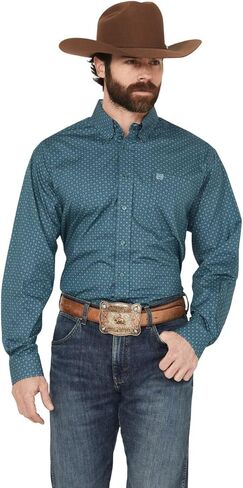 Cinch Men Geo Print Long Sleeve Button Down Western Shirt Big Green 3x in Kuwait