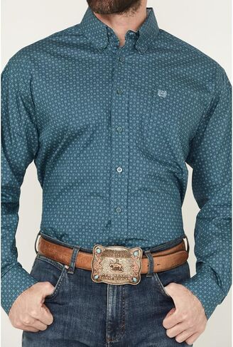 Cinch Men Geo Print Long Sleeve Button Down Western Shirt Big Green 3x in Kuwait