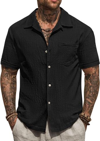 Mens Cuban Shirt Casual Cotton Vacation Summer Button Shirts with Pocket (S-XXL) in Saudi Arabia