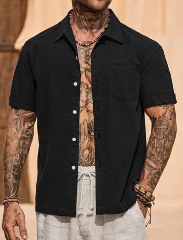 Mens Cuban Shirt Casual Cotton Vacation Summer Button Shirts with Pocket (S-XXL) in Saudi Arabia