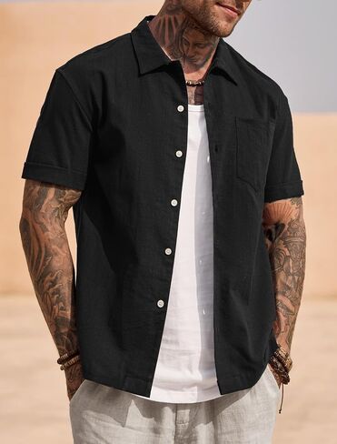 Mens Cuban Shirt Casual Cotton Vacation Summer Button Shirts with Pocket (S-XXL) in Saudi Arabia