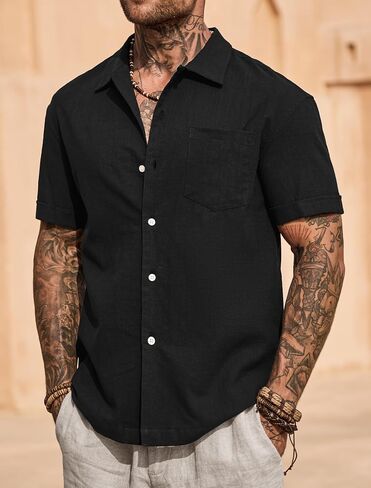 Mens Cuban Shirt Casual Cotton Vacation Summer Button Shirts with Pocket (S-XXL) in Saudi Arabia