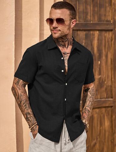 Mens Cuban Shirt Casual Cotton Vacation Summer Button Shirts with Pocket (S-XXL) in Saudi Arabia
