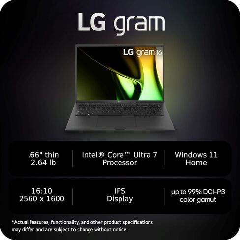 LG gram 16-inch Lightweight Laptop, Intel Evo Edition - Intel Core Ultra 7 Processor, Windows 11 Home, 32GB RAM, 2TB SSD, Black in Kuwait