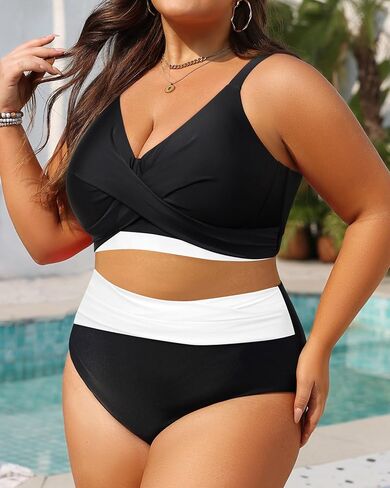 Women's Plus Size High Waisted Bikini - Two Piece Swimsuit Tummy Control Bathing Suit 2025 Twist Swimwear in Kuwait