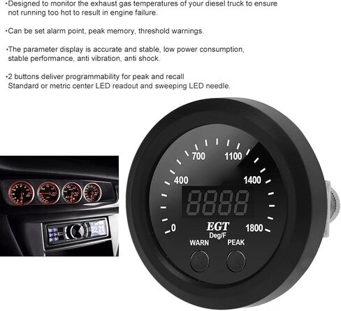 Gas Temperature EGT Gauge, Car Gas Temperature Gauge Car Exhaust Gas Temperature Gauge 16in 52mm Ultra Thin 0 to 1800℉ Red LED Universal with Sensor 12V in Saudi Arabia