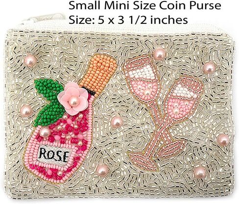 Mini Small Wine Theme Silver and Pink Beaded Coin Purse for Women Casual or Formal in Saudi Arabia